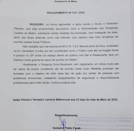 10575 - Vereadores pedem instalação de telas de proteção para prevenir suicídios em shoppings de Belém por .