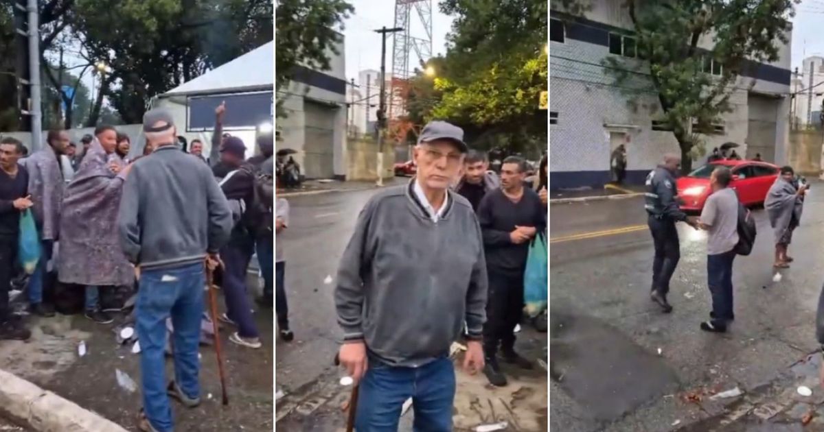 Momento em que o padre intervem em favor das pessoas em situação de rua.