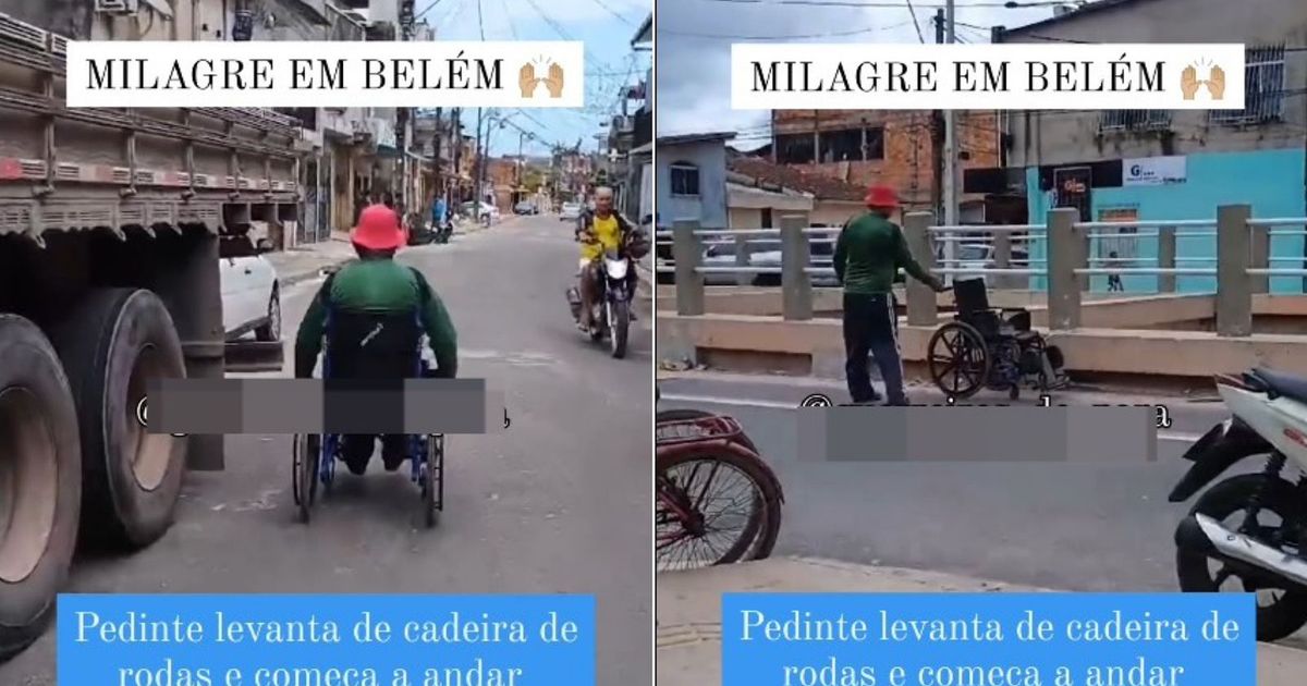 O pedinte na cadeira de rodas e em seguida empurrando sua cadeira.