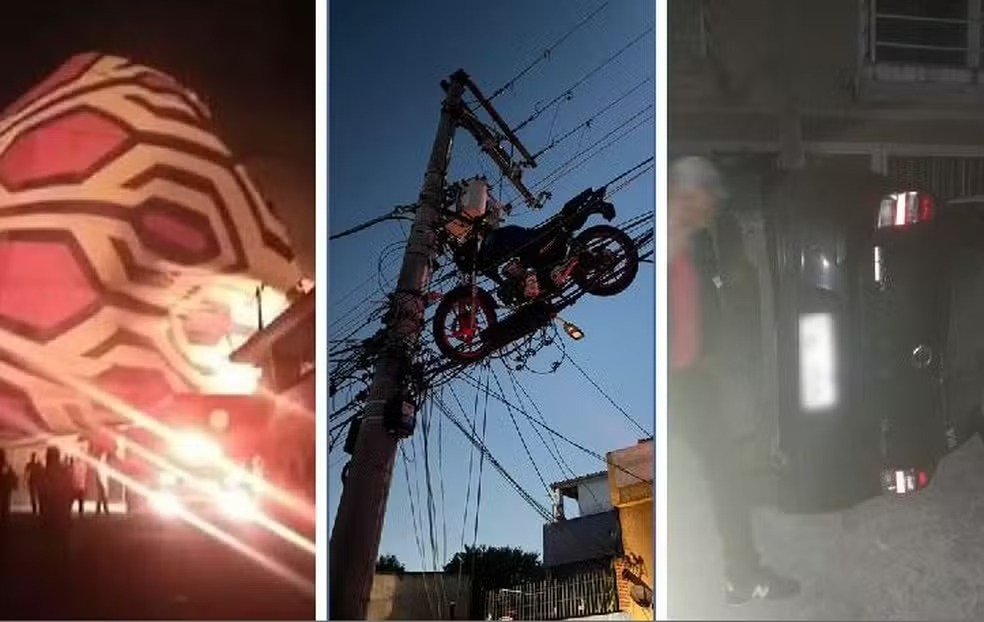 Balão cai, iça moto até posto, tomba carro e deixa sete bairros sem energia elétrica.