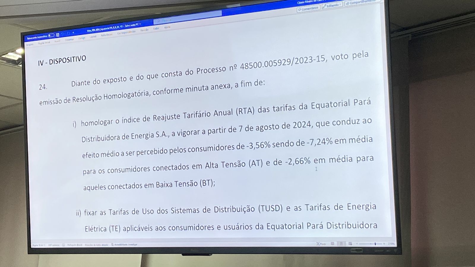 Homologação do índice de Reajuste Tarifário Anual (RTA)