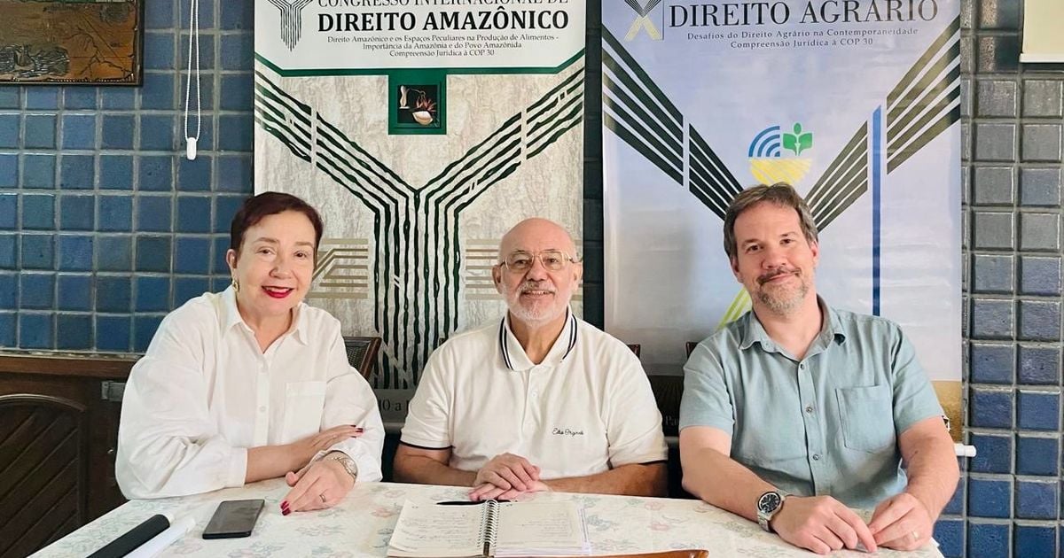 O desembargador Gursen de Miranda, Lucinha Lage, que assina o cerimonial, e Gabriel Lage Neto, coordenador acadêmico do evento