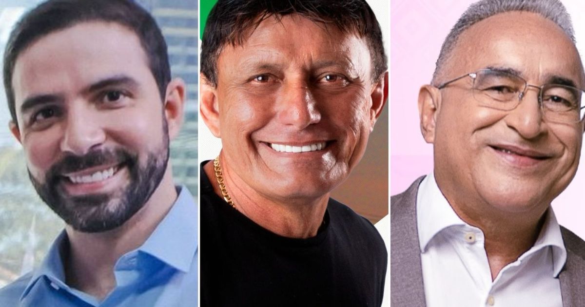 Candidatos a prefeitura de Belém Igor Normando (MDB), Eder Mauro (PL) e o atual prefeito, Edmilson Rodrigues (PSOL).