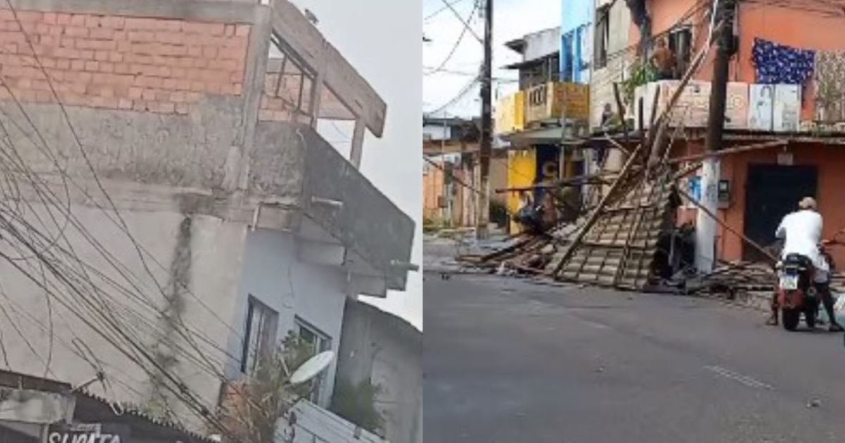 Telhado é arrancado após ventania e atinge rede elétrica, em Belém