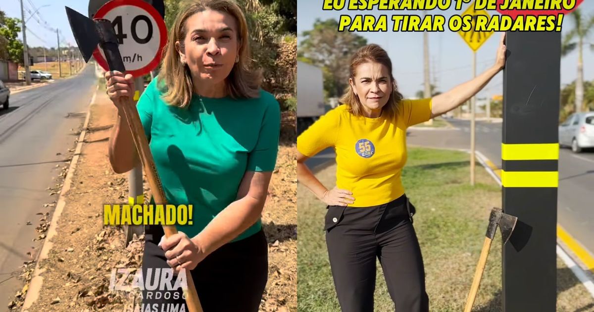 Izaura Cardoso (PSD) gravou um vídeo segurando um machado em via pública, dizendo que ia derrubar um radar de velocidade.