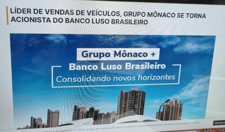 Banner nas redes sociais do Grupo Mônaco comprova a compra de ações do Luso Brasileiro.