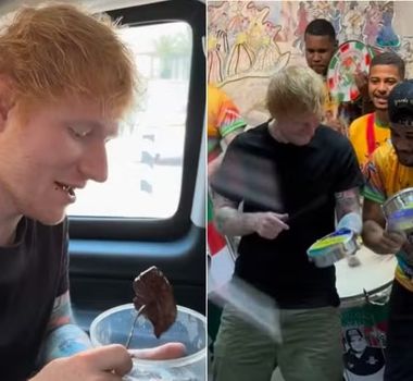 Imagem - No RJ, Ed Sheeran prova picanha e toca tamborim com escola de samba; Assista