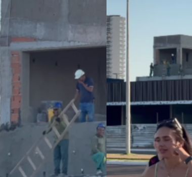 Imagem - Pedreiros em canteiro de obra se divertem com ensaio de dança em praça; assista