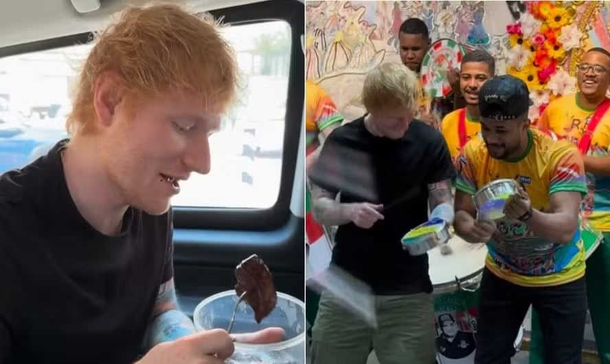 Ed Sheeran prova picanha e toca tamborim com escola de samba