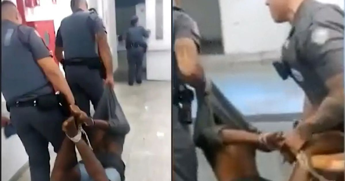 Os policiais conduziram o rapaz carregado, amarrado por uma corda e uma camisa, preso em flagrante por furto a um hospital.