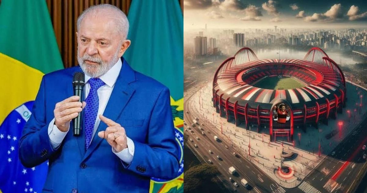 Lula e uma imagem do futuro estádio do Flamengo feita por torcedor.