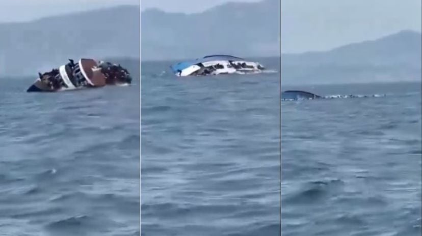 Momento que o barco superlotado virou no Lago Kivu, no leste do Congo, na África.