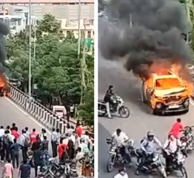 Imagem - Vídeo: carro pegando fogo avança sobre pessoas em estrada na Índia