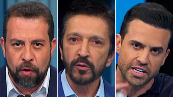 Na imagem, da esquerda para direita, Guilherme Boulos, Ricardo Nunes e Pablo Marçal