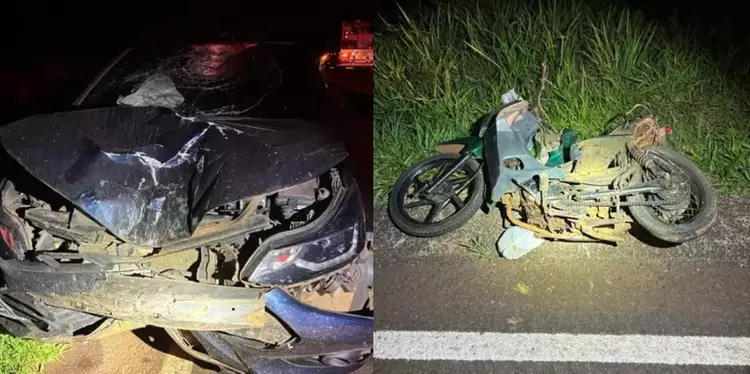 A colisão entre o carro do prefeito e a motocicleta da vítima deixou os dois veículos destruídos
