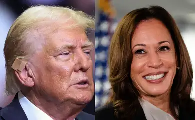 Candidatos à presidência dos EUA, Donald Trump e Kamala Harris.