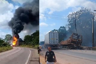 Vídeo: caminhão carregado com botijões de gás pega fogo na Alça Viária, no Acará