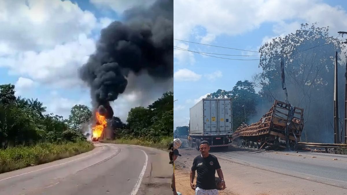 Vídeo: caminhão carregado com botijões de gás pega fogo na Alça Viária, no Acará