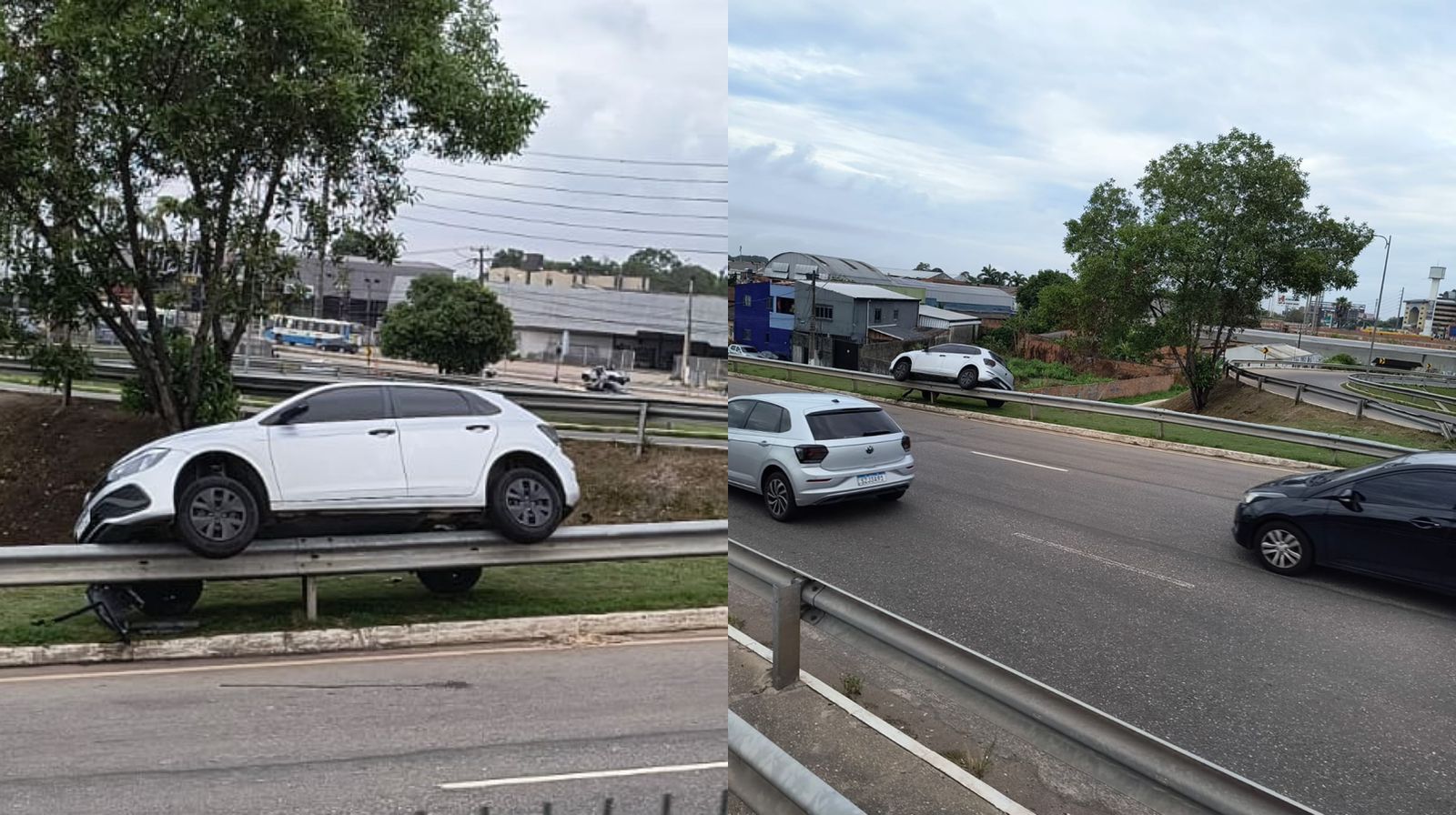 Um carro de passeio foi parar em cima de uma grade de proteção do viaduto do Coqueiro, na Grande Belém.