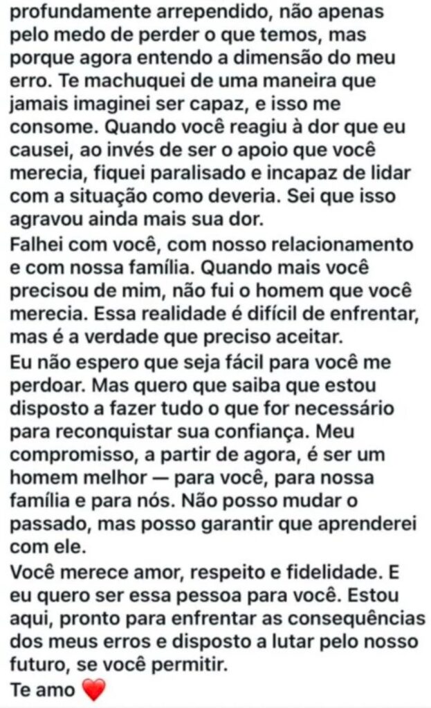 (Fabrício pediu desculpas publicamente pela traição.) 