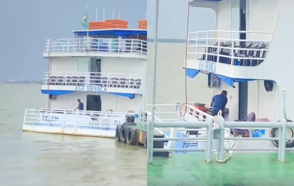 (Homem é flagrado batendo em cachorro dentro de embarcação em Belém.)