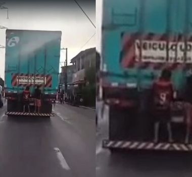 Imagem - Vídeo: em Belém, adolescentes na traseira de carreta em movimento causa preocupação em condutores