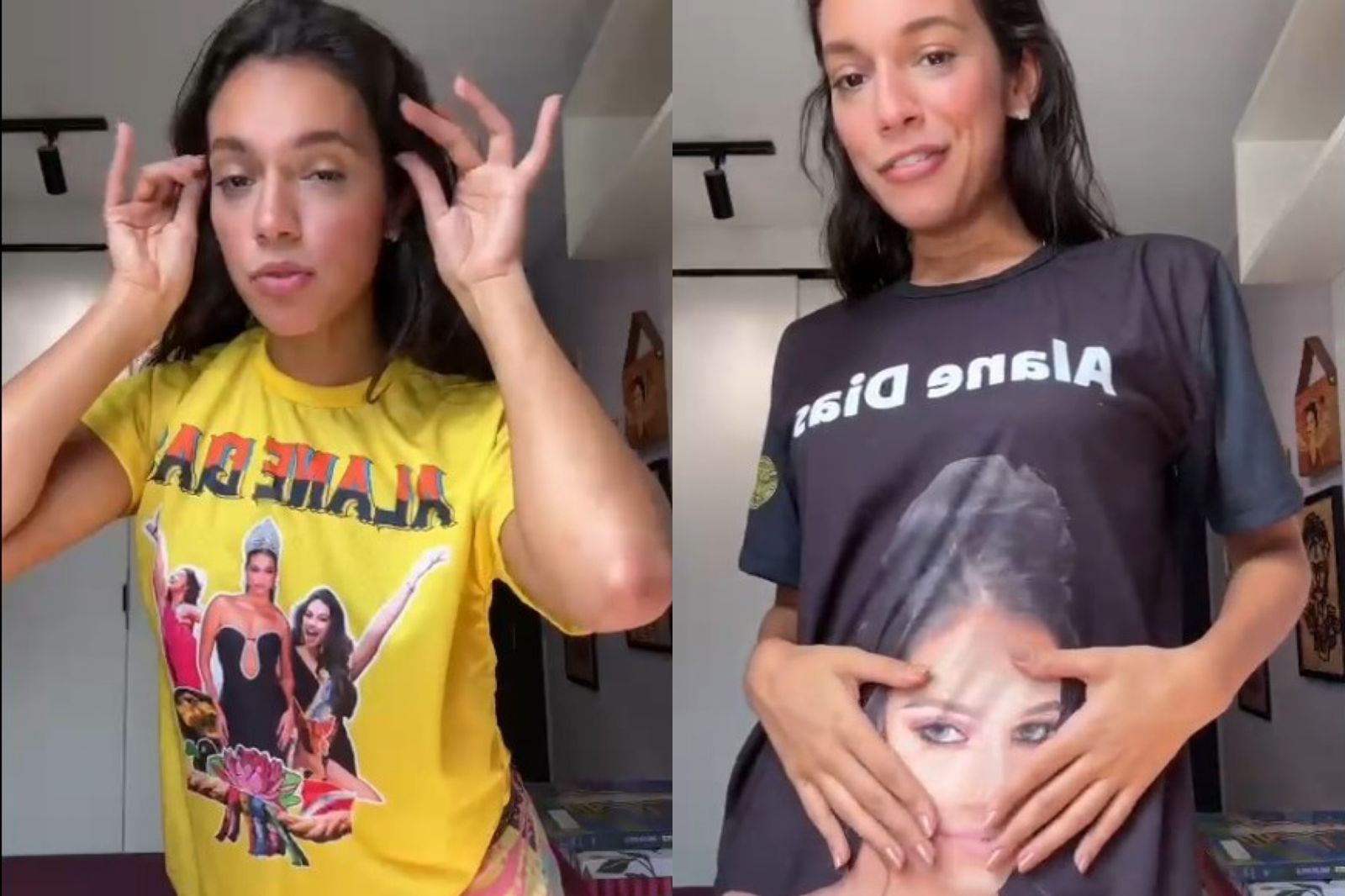 Alane Dias mostra blusas que marcam momentos marcantes em sua trajetória.