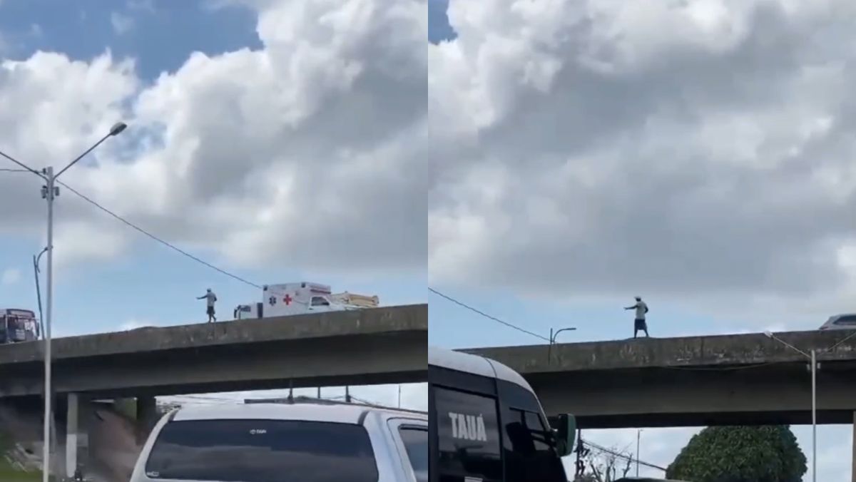 Homem se arrisca no parapeito do viaduto do Coqueiro em Ananindeua; assista