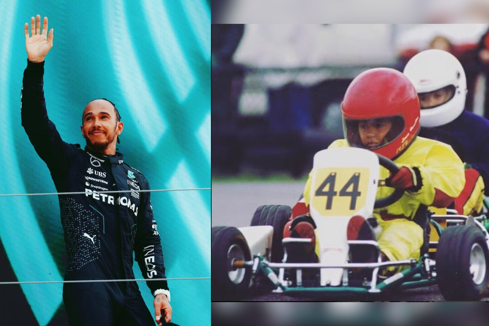 (Hamilton postou uma foto em suas redes sociais em que aparece com um capacete vermelho.) 