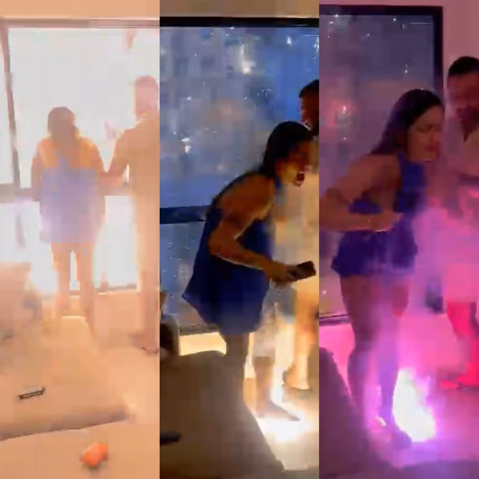 Momento em que mulher foi atingida dentro do apartamento por fagulha dos fogos.