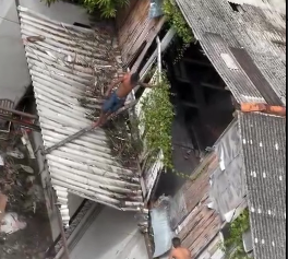 Criminosos são flagrados furtando telhas de casa no centro de Belém.