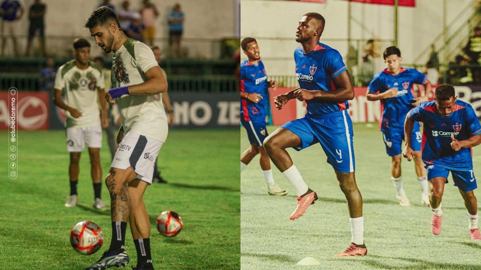 Remo e Águia aquecem no gramado do Zinho Oliveira.