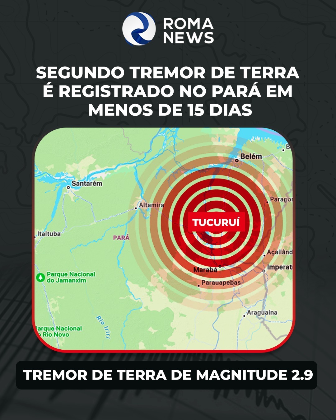 Tremor de terra de magnitude 2.9, foi registrado no município de Tucuruí, no sudeste do Pará, na madrugada da última terça-feira (28).