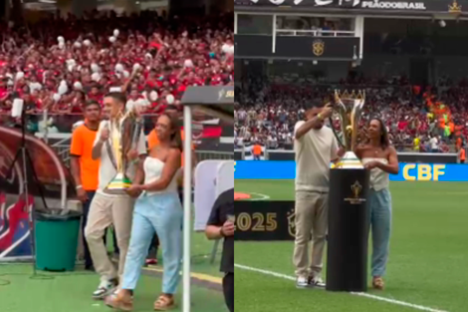 Imagem - Filha e neto de Pelé entram com a taça no gramado do Mangueirão