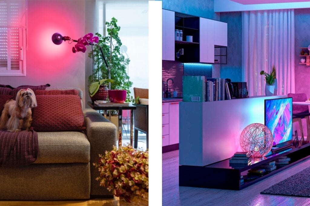 O uso criativo da iluminação traz cor e dinamismo aos ambientes (Projeto: Gigi Gorenstein e Philips Hue | Imagens: Emerson Rodrigues e Divulgação Philips)