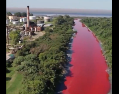 Rio da Argentina fica vermelho 'sangue' e assusta população local.