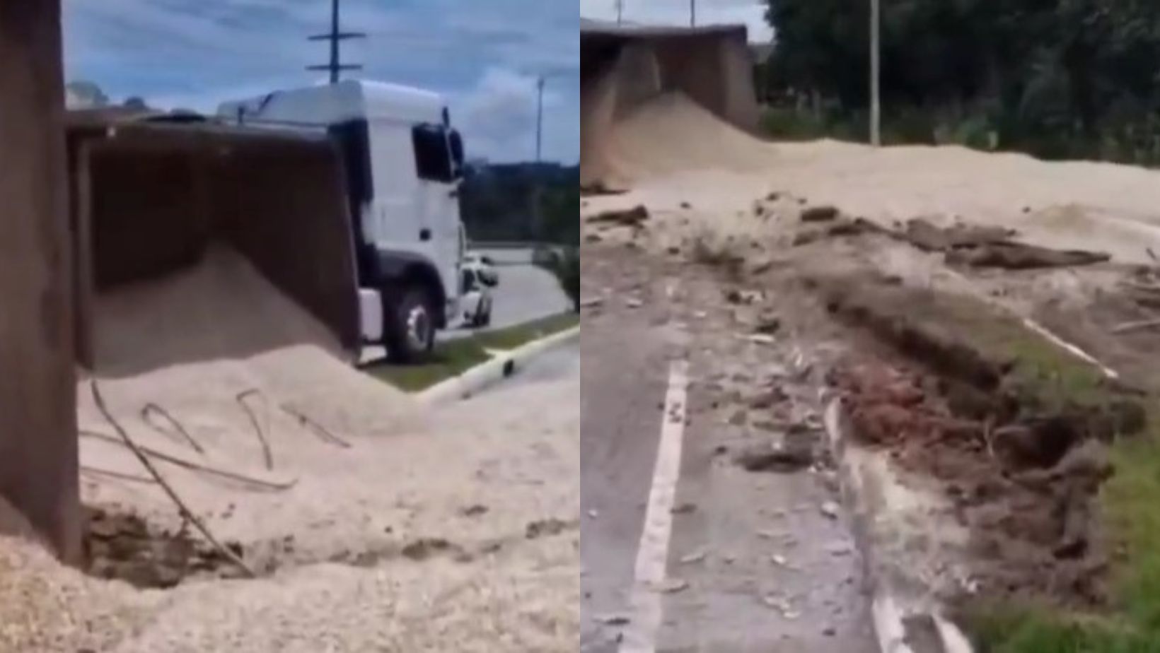 Imagem - Carreta carregada de seixo tombou na Av. João Paulo II, em Ananindeua