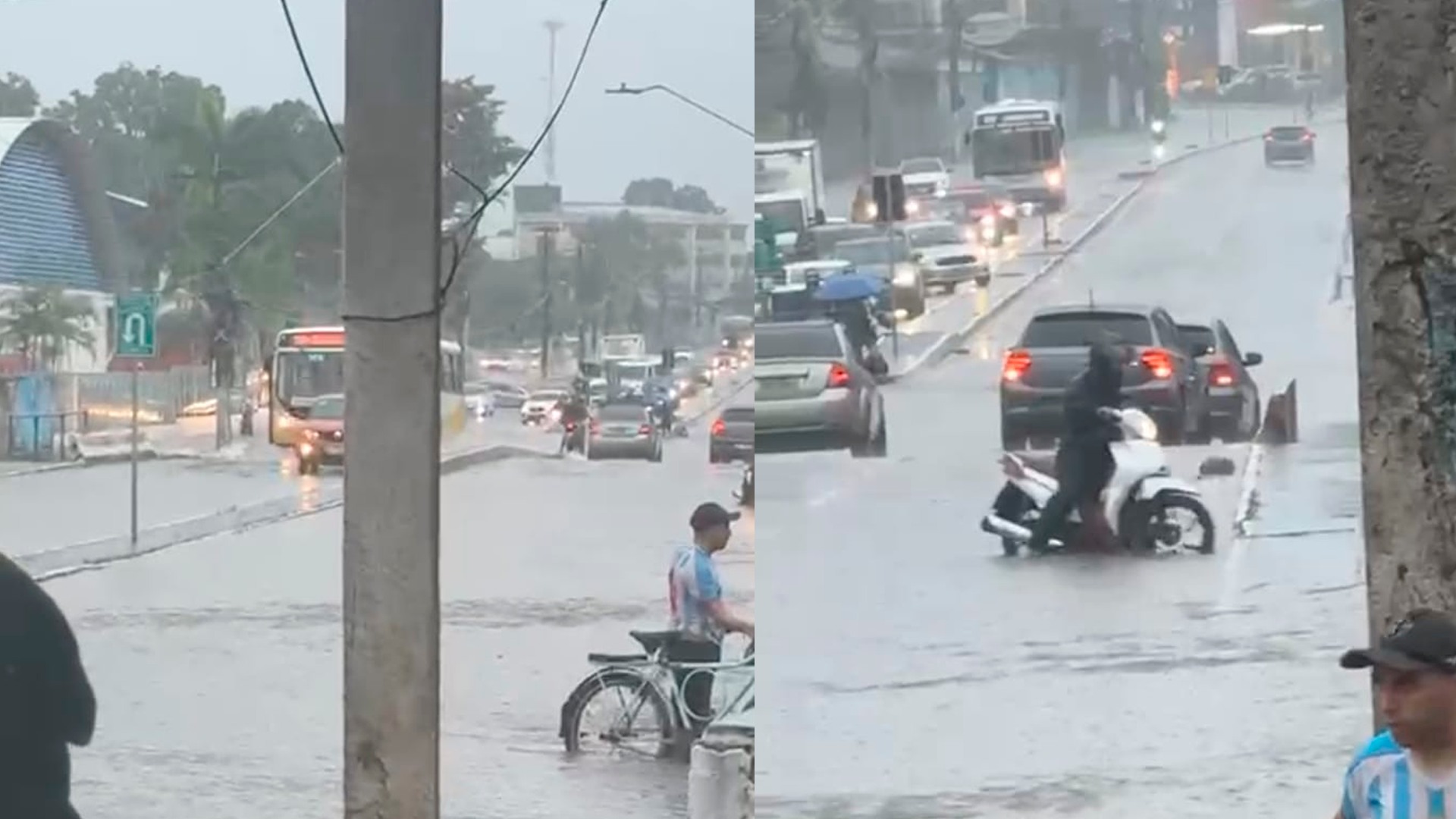 (Condutores e motociclistas fizeram manobras para desviar dos alagamentos.)