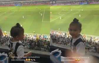 Vídeo: Mavie rouba a cena ao torcer pelo pai em jogo do Santos