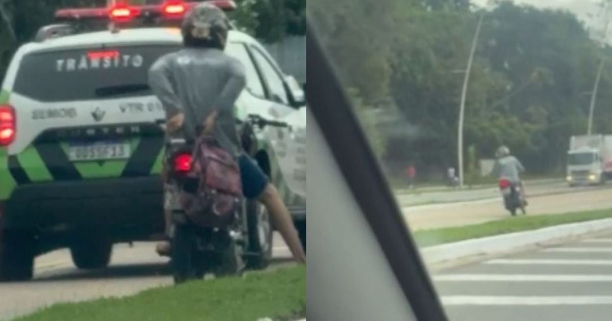 Motociclista tentou esconder a placa com uma mochila, mas o plano falhou ao ultrapassar a viatura da Segbel.