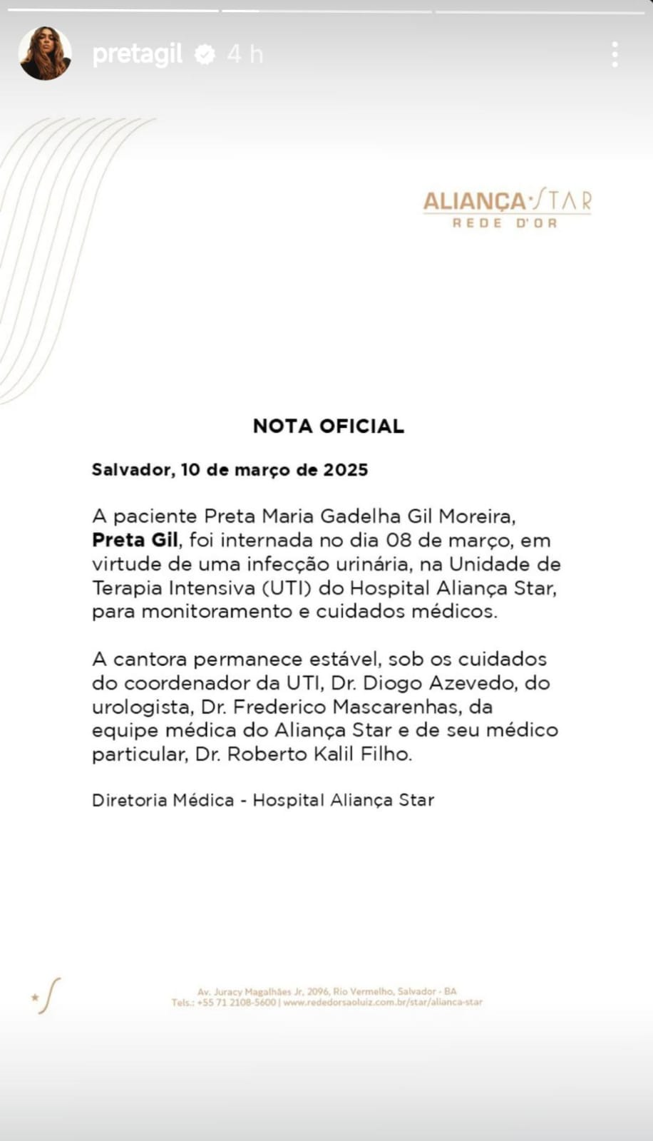 (Nota divulgada pela assessoria da cantora, Preta Gil) 