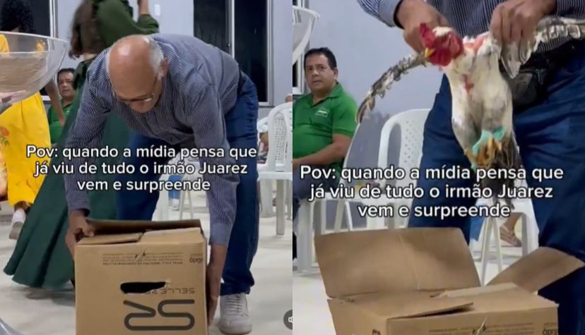 No momento de arrecadar fundos dos fiéis para a igreja, o senhor chamado Juarez surpreendeu e ofertou um galo.