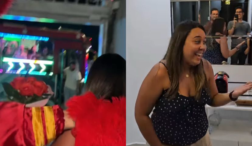 Camille Reis ganhou a festa surpresa com a “carreta furacão” dos amigos da igreja em que ela é líder. 