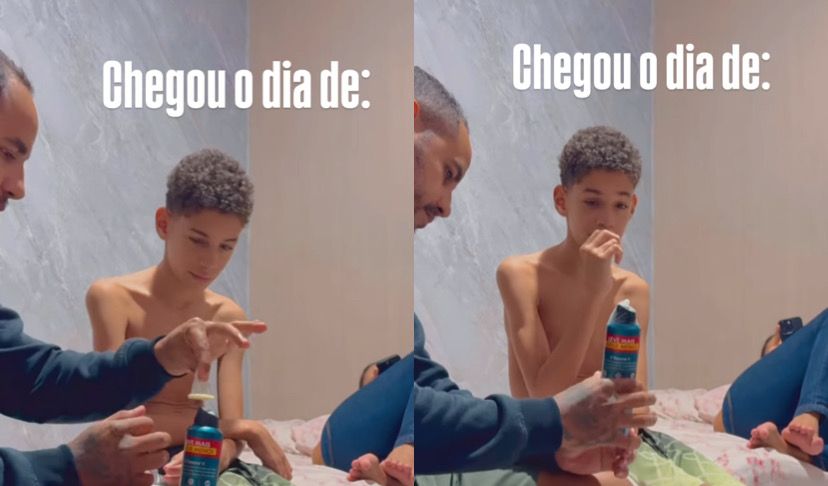 O pai ensinando o filho a colocar camisinha. 