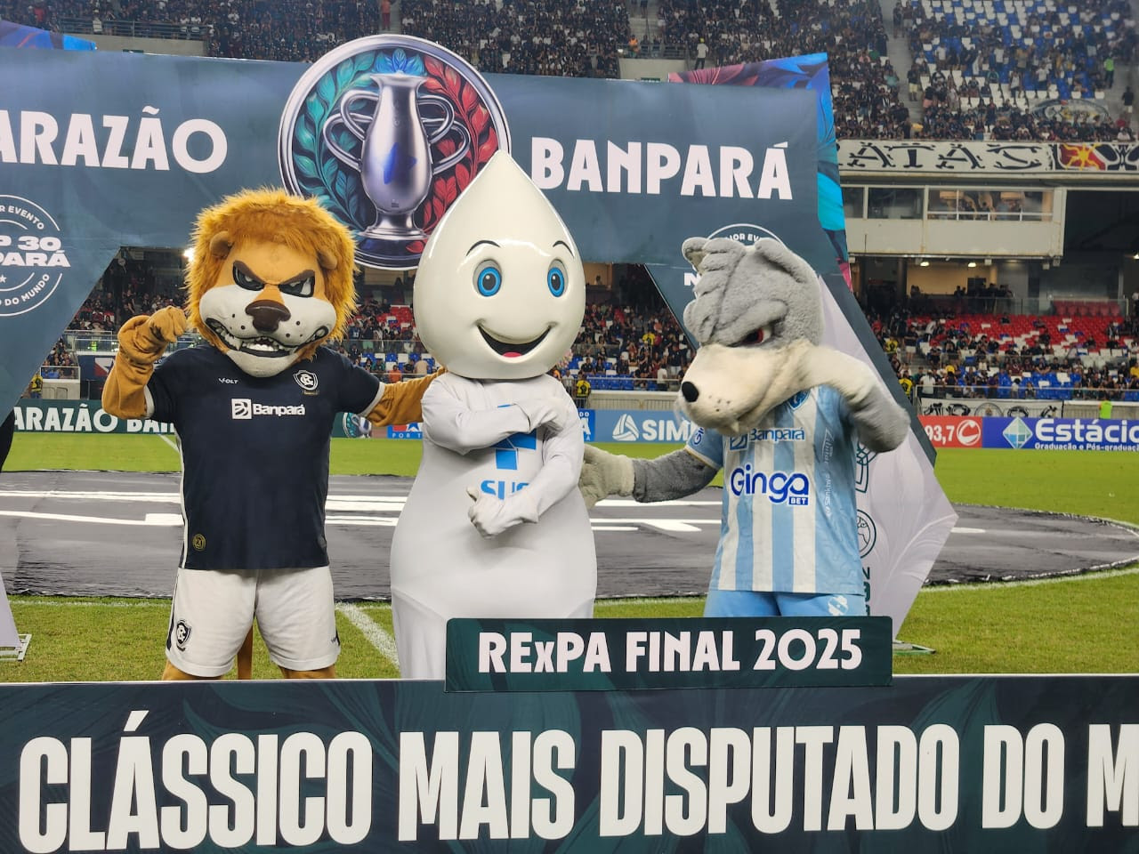 Zé Gotinha, mascote da campanha, no estádio Mangueirão, com os mascotes de Remo e Paysandu
