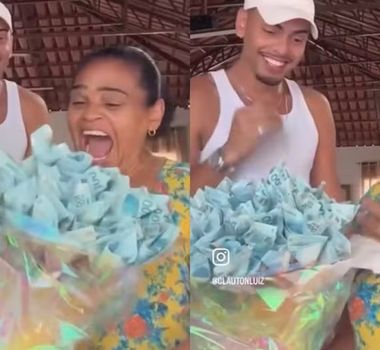 Imagem - Filho emociona ao presentear mãe com buquê de R$ 10 mil em dinheiro; assista