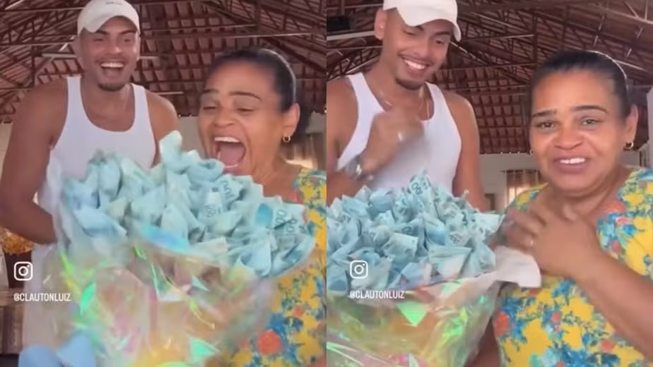 Imagem - Filho emociona ao presentear mãe com buquê de R$ 10 mil em dinheiro; assista