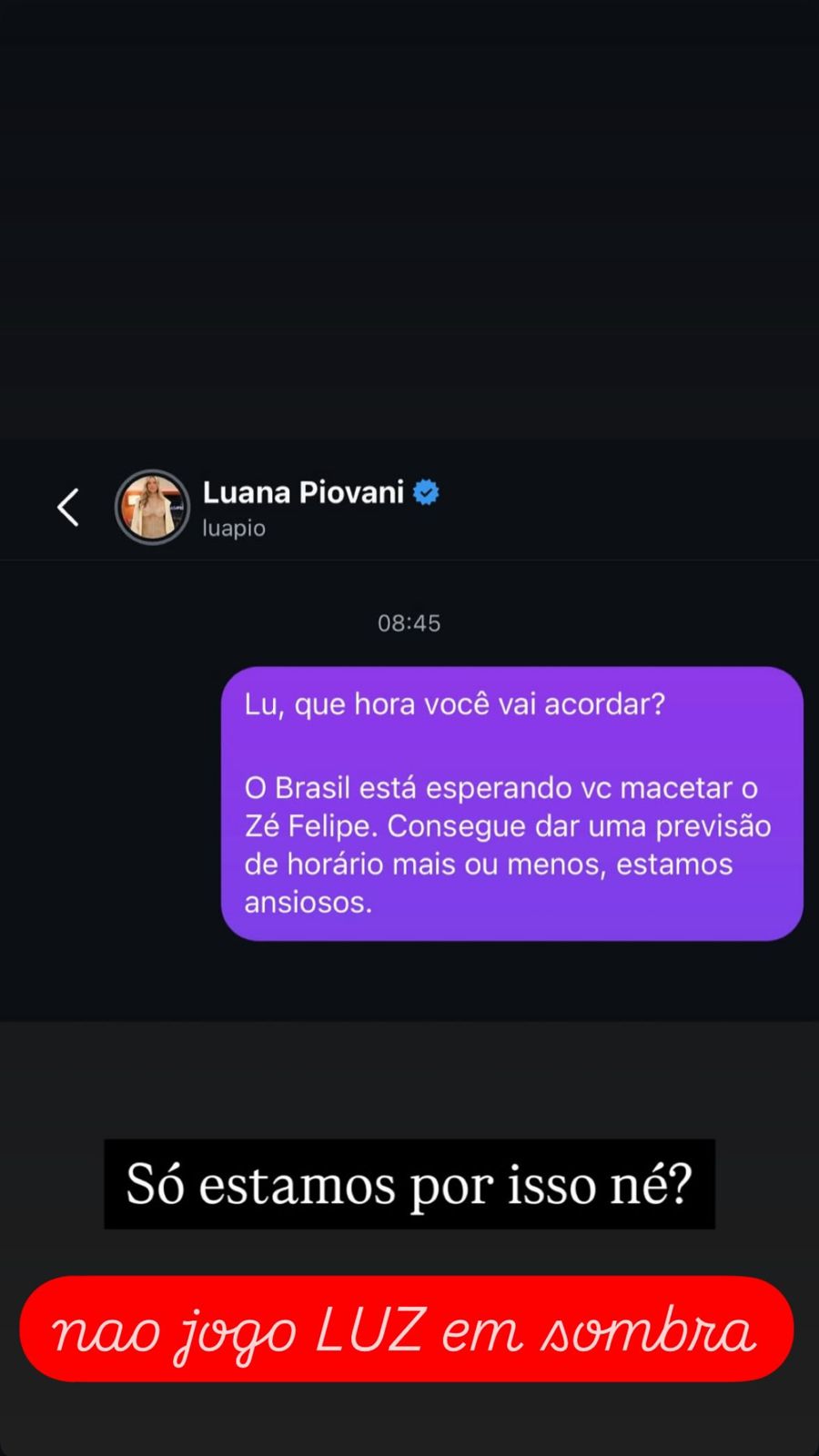 Resposta de Luana Piovani publicada nos stories.