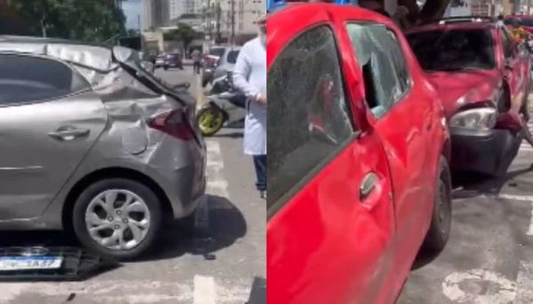 Colisão entre veículos faz carro capotar e atingir outros automóveis estacionados no bairro Batista Campos