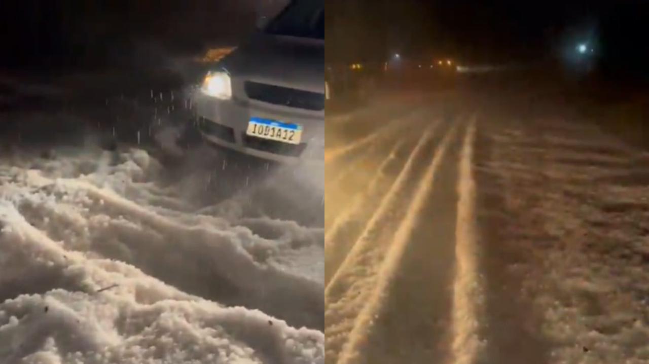 Momento que o carro fica atolado na rodovia, no RS.